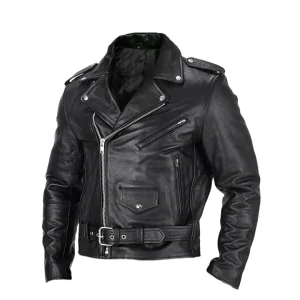 Veste en Cuir Noir avec Ceinture pour Hommes