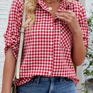 Chemise Boutonnée à Carreaux Manches Longues pour Femme