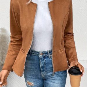 Veste Zippée avec Col Rond pour Femmes
