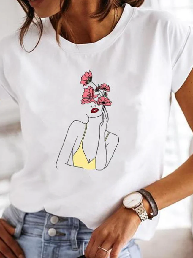 T-shirt Blanc à Imprimé Graphique Minimaliste pour Femme – Image 7