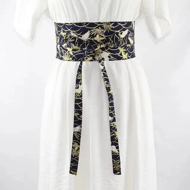 Ceinture Obi à nouer Bleu marine Grues japonaises