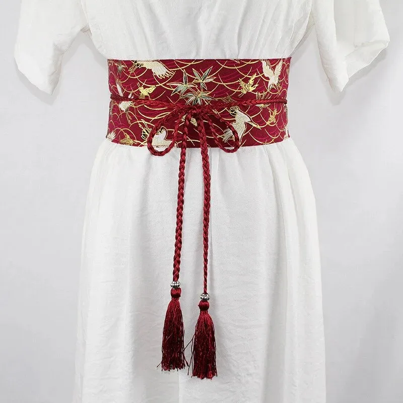 Ceinture obi à cordon tressé Rouge Grues japonaises – Image 2