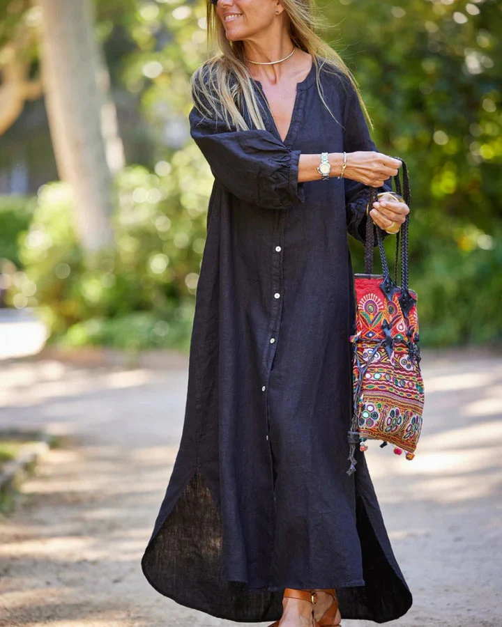 Robe Longue en Lin Boutonnée pour Femme