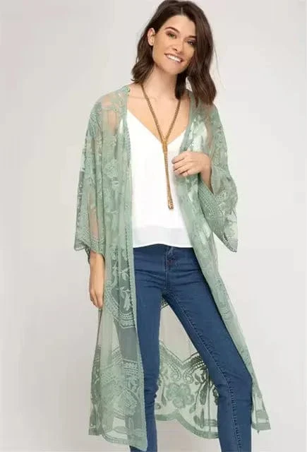 Kimono long vert en dentelle – Image 2
