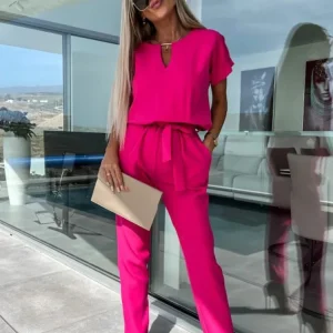 Combinaison Ceinturée à Manches Courtes pour Femme