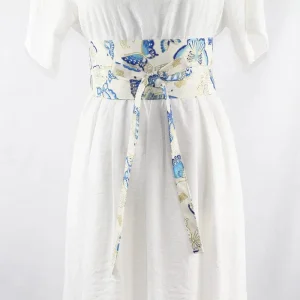 Ceinture Obi à nouer Blanche Papillons Bleus