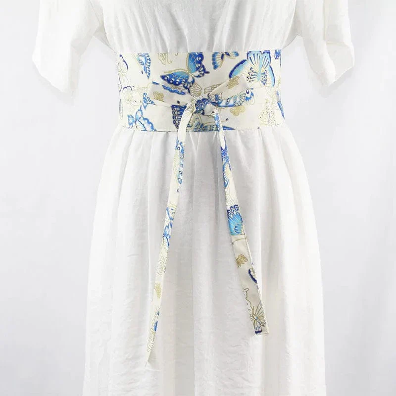 Ceinture Obi à nouer Blanche Papillons Bleus