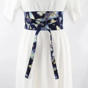 Ceinture Obi à nouer Bleu Marine Papillons d’Or