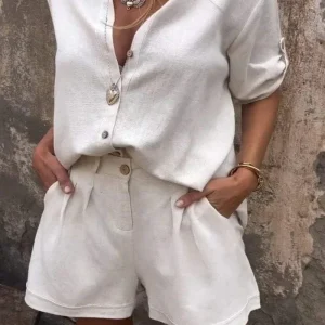 Ensemble Chemise Boutonnée Et Short En Lin Pour Femme